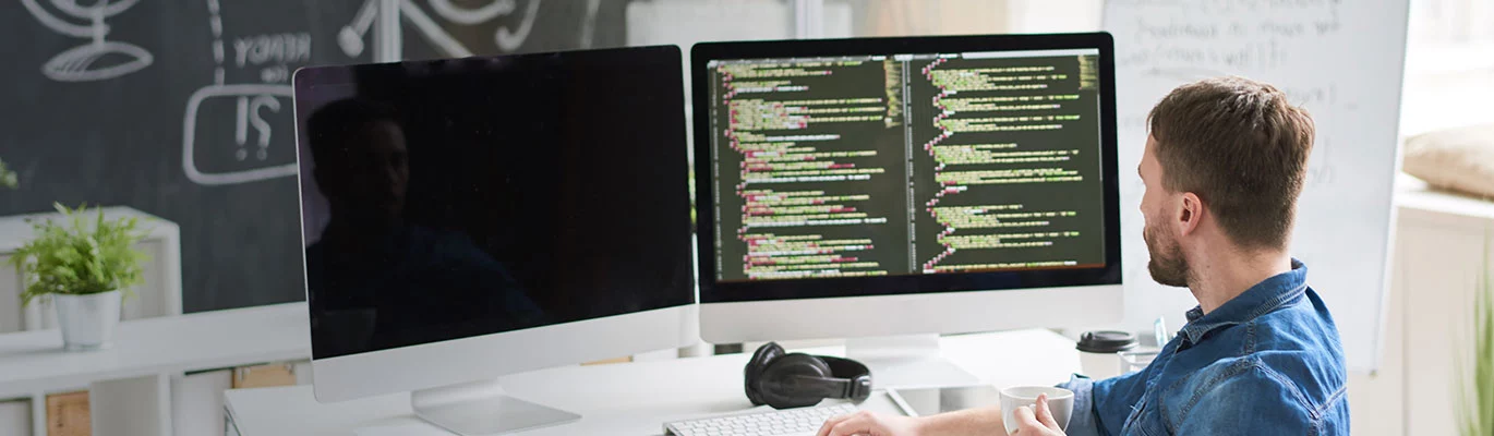 A professional sitting infront of two monitors and gain knowledge about Advanced Python Course